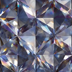 A seamless geometric crystal pattern showcases sharp faceted shapes reflecting cool blue tones and subtle rainbow light refractions.