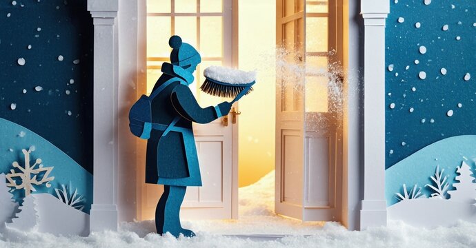 Person brushes snow from doorway. Papercraft style illustration depicts winter scene, bright light shines through open door.
