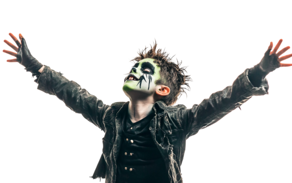 Young person in detailed Frankenstein makeup and outfit celebrating festive Halloween spirit isolated on transparent background PNG