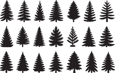 Fototapeta premium Collection of various black silhouette evergreen tree icons isolated on white background