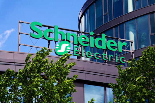 Schneider Electric automation and energy management company logo on headquarters on May 29, 2025 in Prague, Czech republic.