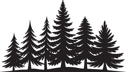 Fototapeta premium Silhouette of several evergreen pine trees isolated on white background