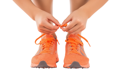 Adolescent tying sneakers in a moment of preparation for running or outdoor physical activity isolated on transparent background PNG