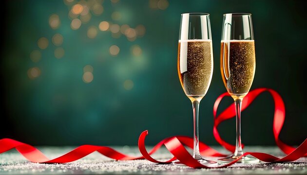 Two champagne glasses tied with a red ribbon on a bright green Christmas background. Festive holiday mood, celebration, New Year atmosphere and elegant winter party concept