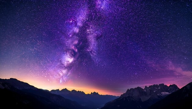 Purple Night Sky Stars Milky Way Galaxy Across Mountains Starr