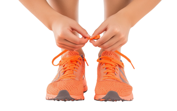 Adolescent tying sneakers in a moment of preparation for running or outdoor physical activity isolated on transparent background PNG