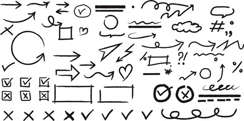 Sketch Style Annotation Elements Hand Drawn Doodle Arrows, Check Marks and Frame Borders for Informal Design and Educational Materials