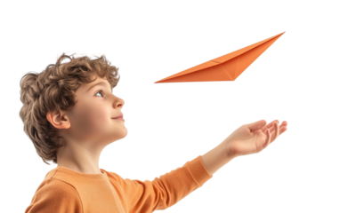Cheerful teen throwing a handmade paper airplane demonstrating creativity and carefree joy isolated on transparent background PNG