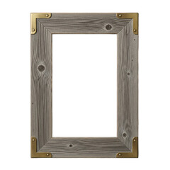 Rustic gray wood picture frame with brass corner brackets isolated