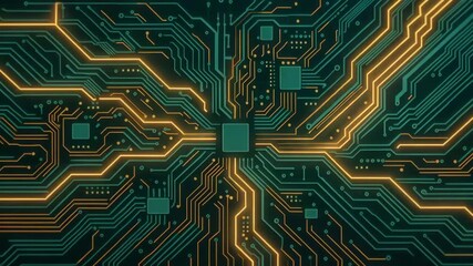 Intricate circuit board design showcasing vibrant blue and orange pathways, symbolizing digital innovation and technology advancement. - Powered by Adobe