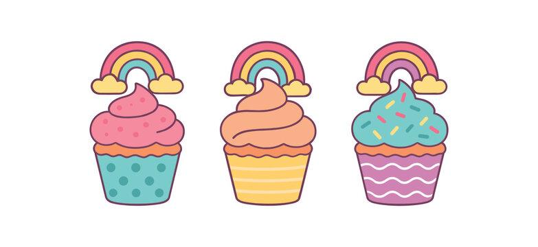 Flat vector illustration three cupcakes bright pastel colors cute style simple patterns (dots stripes waves) with rainbows 3x1 grid equal spacing isolated on white