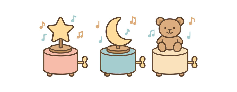 Flat vector illustration three music boxes cute nursery style pastel colors tiny notes implied 3x1 grid equal spacing isolated on white