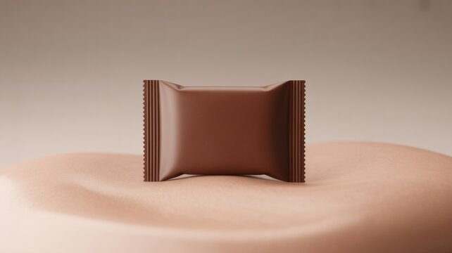 A single chocolate bar in wrapper on a smooth surface
