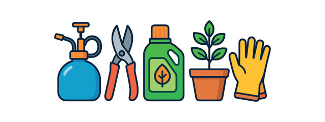 Flat vector winter plant care: mister pruning shears fertilizer bottle pot gloves bright vibrant palette clean outlines minimal centered isolated on white no logos
