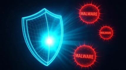 A glowing shield symbolizing cybersecurity protection against malware attacks in a digital environment. - Powered by Adobe