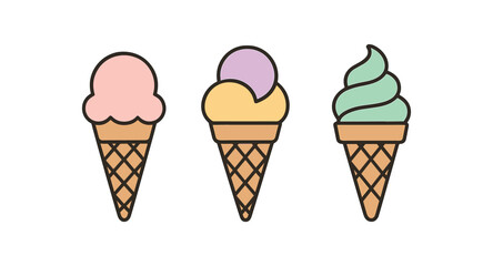 Flat vector illustration three ice cream cones seasonal essentials style pastel colors summer vibe 3x1 grid equal spacing isolated on white full objects visible