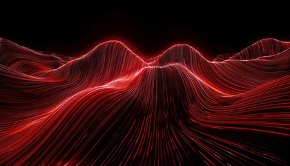 Abstract Digital Landscape Of Undulating Dark Surfaces With Glowing Red Lines Resembling A Futuristic Circuit Board Or Data Stream