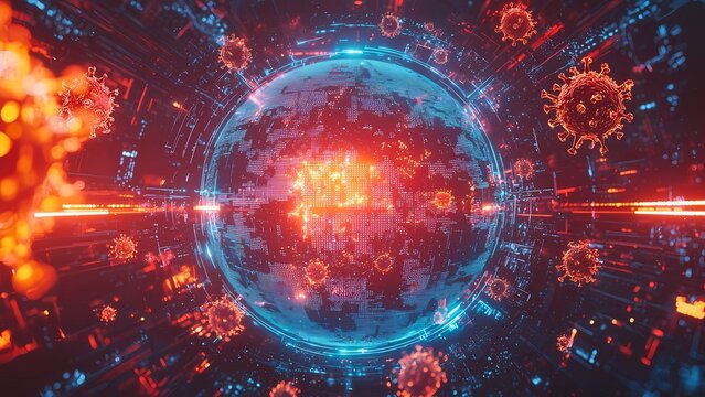 A futuristic and abstract illustration representing virus particles, with a sphere in the center