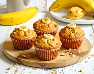 Delicious homemade banana muffins displayed on a wooden board with fresh bananas
