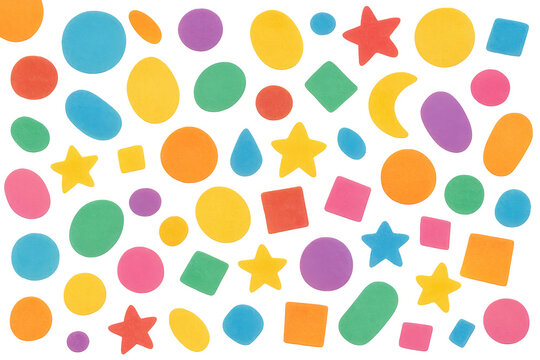 Colorful geometric shapes and abstract confetti pattern creating a vibrant festive background with transparent details