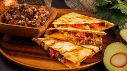 Delicious quesadilla served with fresh salsa and avocado slices