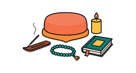 Flat vector prayer space setup: cushion candle beads incense book bright vibrant palette clean outlines minimal centered isolated on white no logos