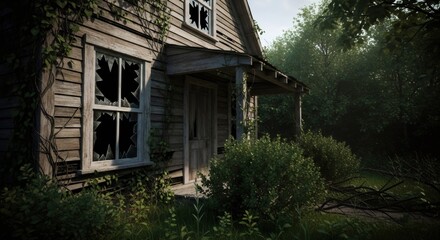 Abandoned wooden house with broken windows and overgrown porch. Spooky old building in a creepy forest, great for Halloween and horror concept.