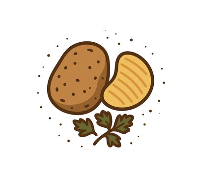 flat vector bold outline rustic tones white background sticker style centered grouping crumb dots potato with specks cut chip parsley sprig
