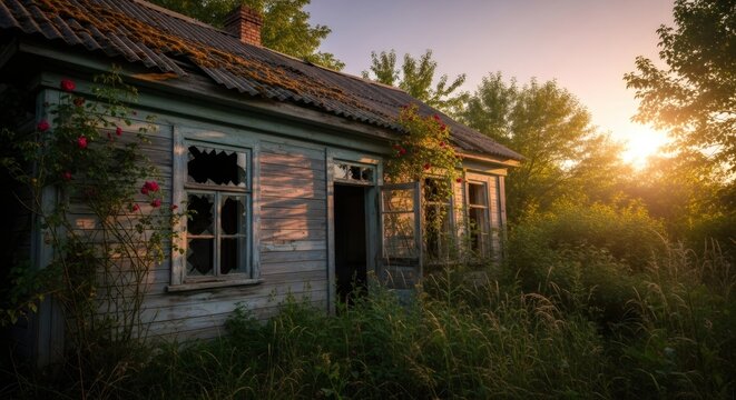 Old abandoned wooden house with broken windows and overgrown roses. Concept of decay, neglect, lost history, and nature reclaiming structures at sunset.