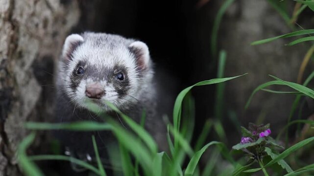 Ferret on a leash outside on a walk