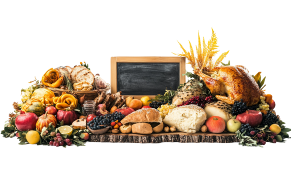 Rustic-themed Thanksgiving table sign displayed as part of seasonal holiday buffet setup isolated on transparent background PNG