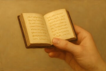 Hand Holding an Ancient Book with Script for Historical and Spiritual Knowledge