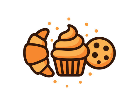 flat vector bold outline warm pastry palette white background sticker style centered layout sugar sprinkle dots croissant flaky arcs cupcake swirl cookie chips