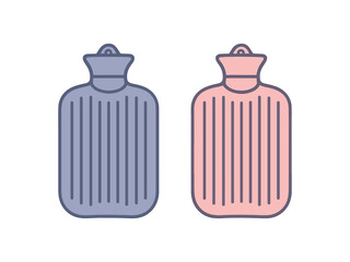 Flat vector illustration two hot water bottles night mindfulness style pastel colors gentle ribs 2x1 grid equal spacing isolated on white full objects visible