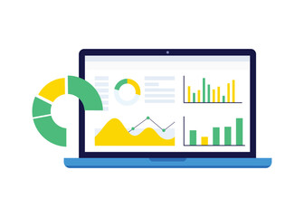 Laptop displaying data analytics dashboards with charts and graphs on for business performance and financial analysis
