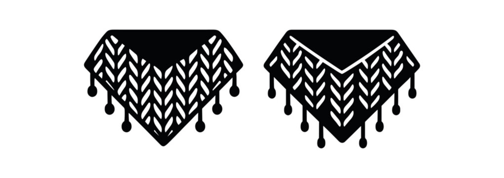 Flat vector illustration two knitted shawls black and white solid black icon style triangular shapes 2x1 grid equal spacing isolated on white