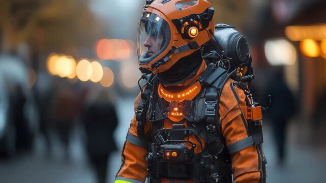 Innovative underwater exploration suit worn by diver in urban setting during dusk showcasing advanced technology