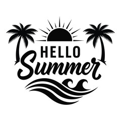 Obraz premium Hello summer graphic design with sun palms and waves design