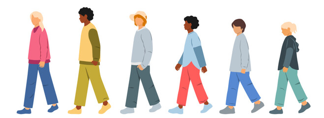 Teenagers and children different ages walk, group silhouettes boys and girls, side view, profile, vector, dark and white skin, different colors, flat icon design concept, isolated on white background