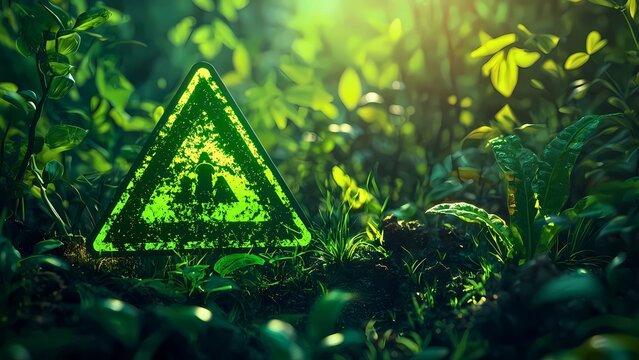 A glowing caution sign amidst vibrant green foliage, symbolizing environmental awareness and potential hazards.