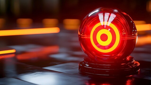 A glowing orb with a red and orange center, with lights in background, creating a futuristic effect - Powered by Adobe