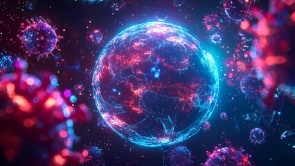 Obraz premium A vibrant illustration of a glowing virus cell surrounded by other virus cells in a dark setting