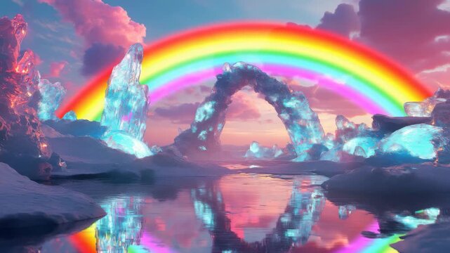 Fantasy Ice Landscape With Glowing Rainbow and Crystal Arches