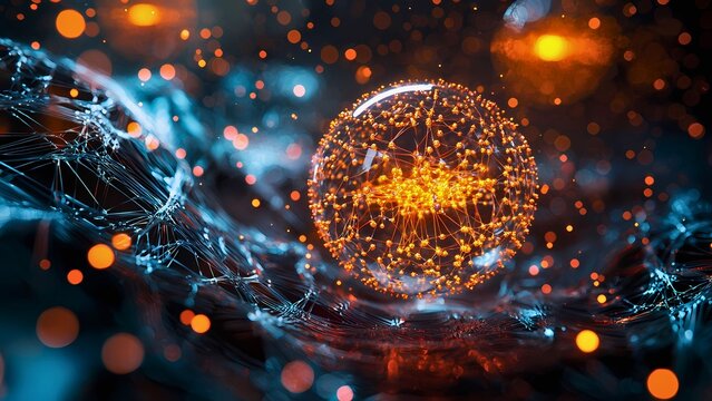 Abstract representation of a futuristic glowing sphere surrounded by flowing lines and particles. The scene evokes a sense of technology and advanced data processing.