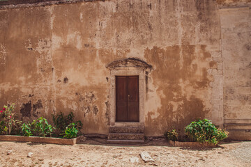 Old weathered wall with a rustic wooden door and plants in Crete.
An old weathered stone wall with a rustic wooden door and small green plants at its base, captured in bright sunlight in Crete, Greece