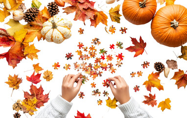 Hands piecing together a colorful Thanksgiving puzzle highlighting holiday traditions and cozy moments isolated on transparent background PNG