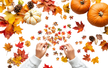 Hands piecing together a colorful Thanksgiving puzzle highlighting holiday traditions and cozy moments isolated on transparent background PNG