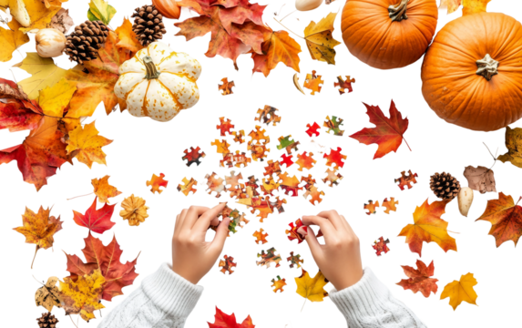 Hands piecing together a colorful Thanksgiving puzzle highlighting holiday traditions and cozy moments isolated on transparent background PNG
