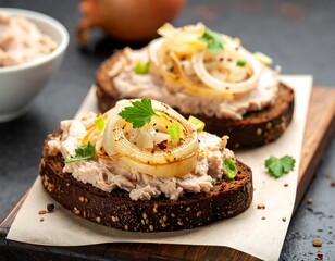 Delicious sandwiches with dark bread, tuna spread, fried onions, and parsley