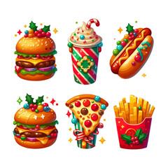 Fast Food collection of french fries, burger, hot dog, drink, pizza İllustration decorated with Christmas and New Year's elements on a white